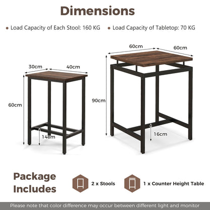 Counter Height Table and 2 Stools set with Floating Tabletop and Footrest for Small Space