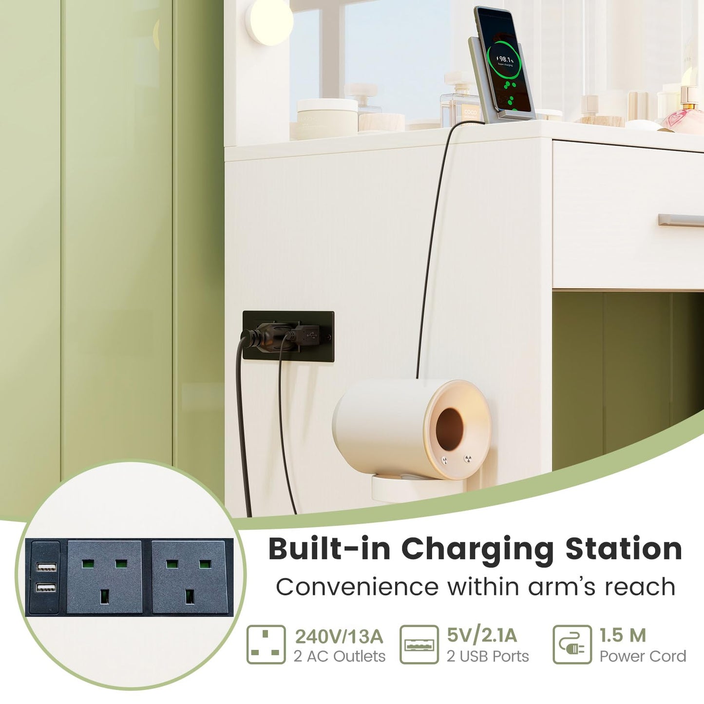 Dressing Table with Large LED Mirror and Storage Stool