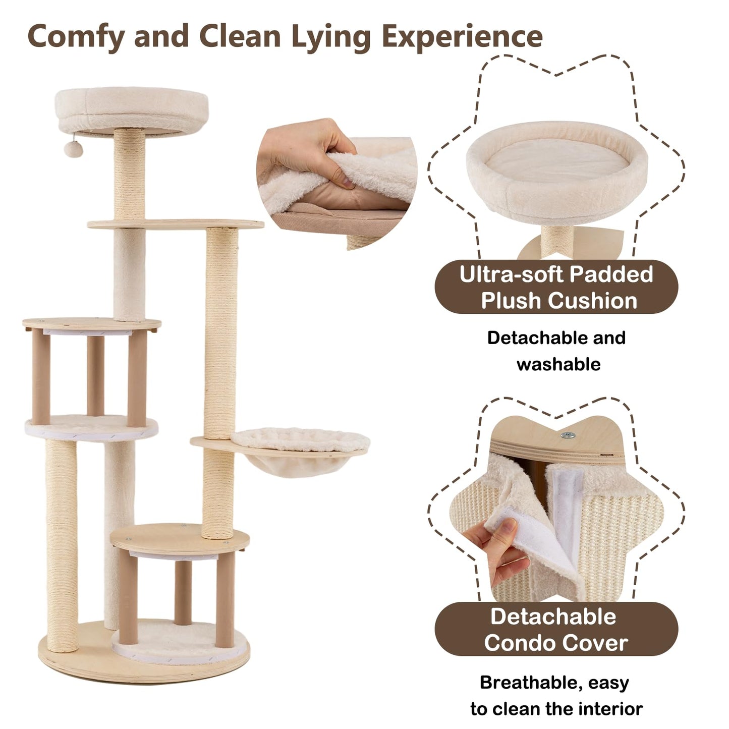 6-level Wooden cat tree with cat condo and sisal scratching posts for indoor