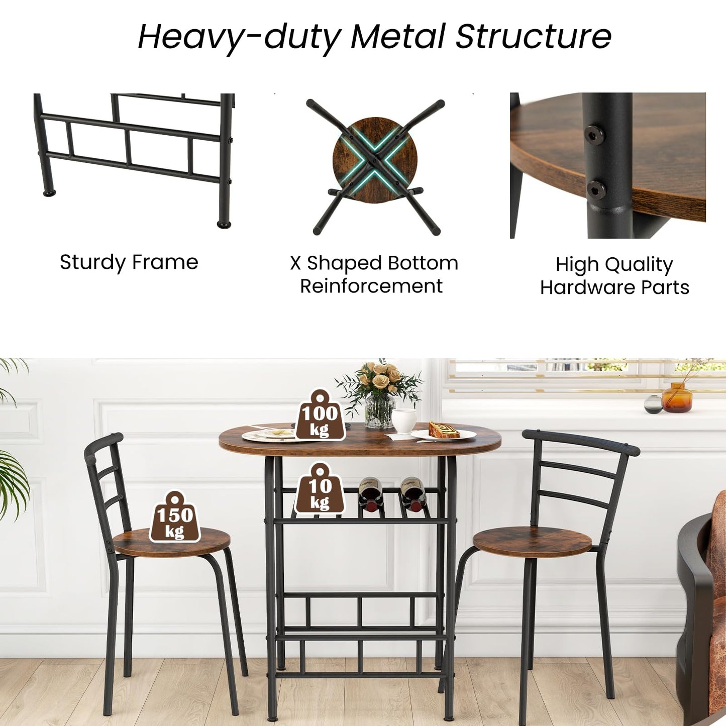 3-Piece Dining Table Set with Extra Wine Rack and Metal Frame