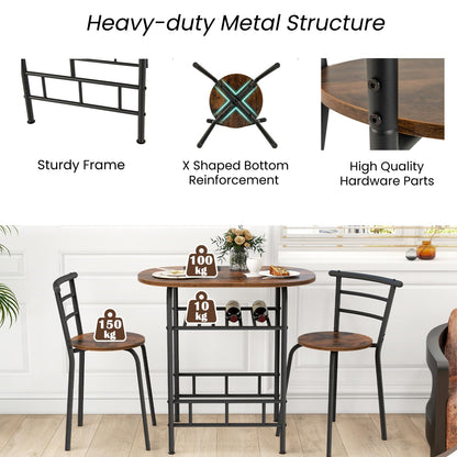 3-Piece Dining Table Set with Extra Wine Rack and Metal Frame