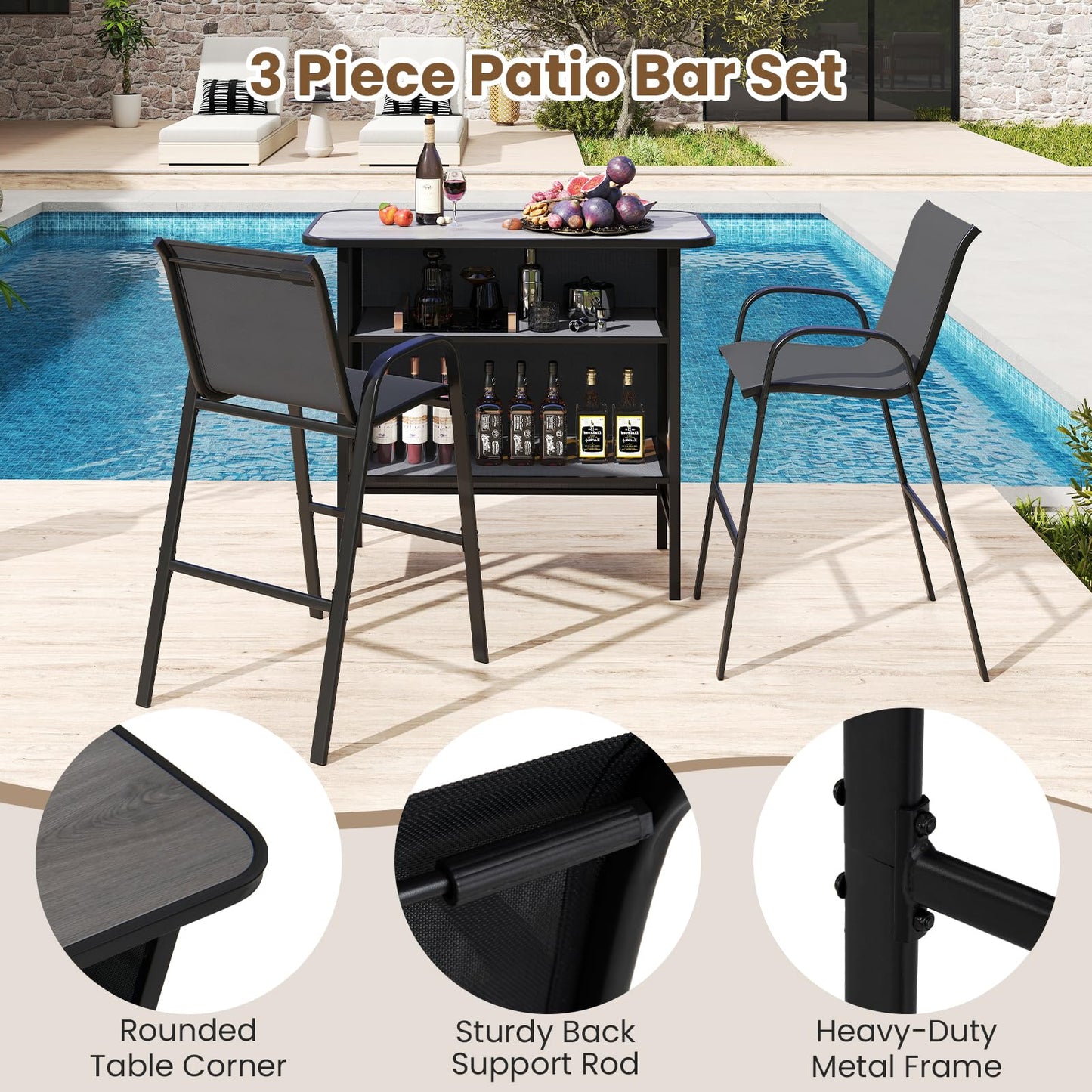 3 Piece Outdoor Bar Table and Chairs Set with Breathable Fabric