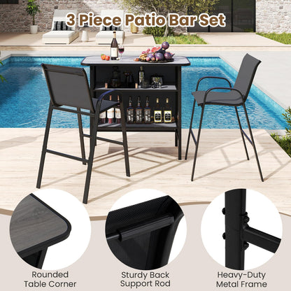 3 Piece Outdoor Bar Table and Chairs Set with Breathable Fabric