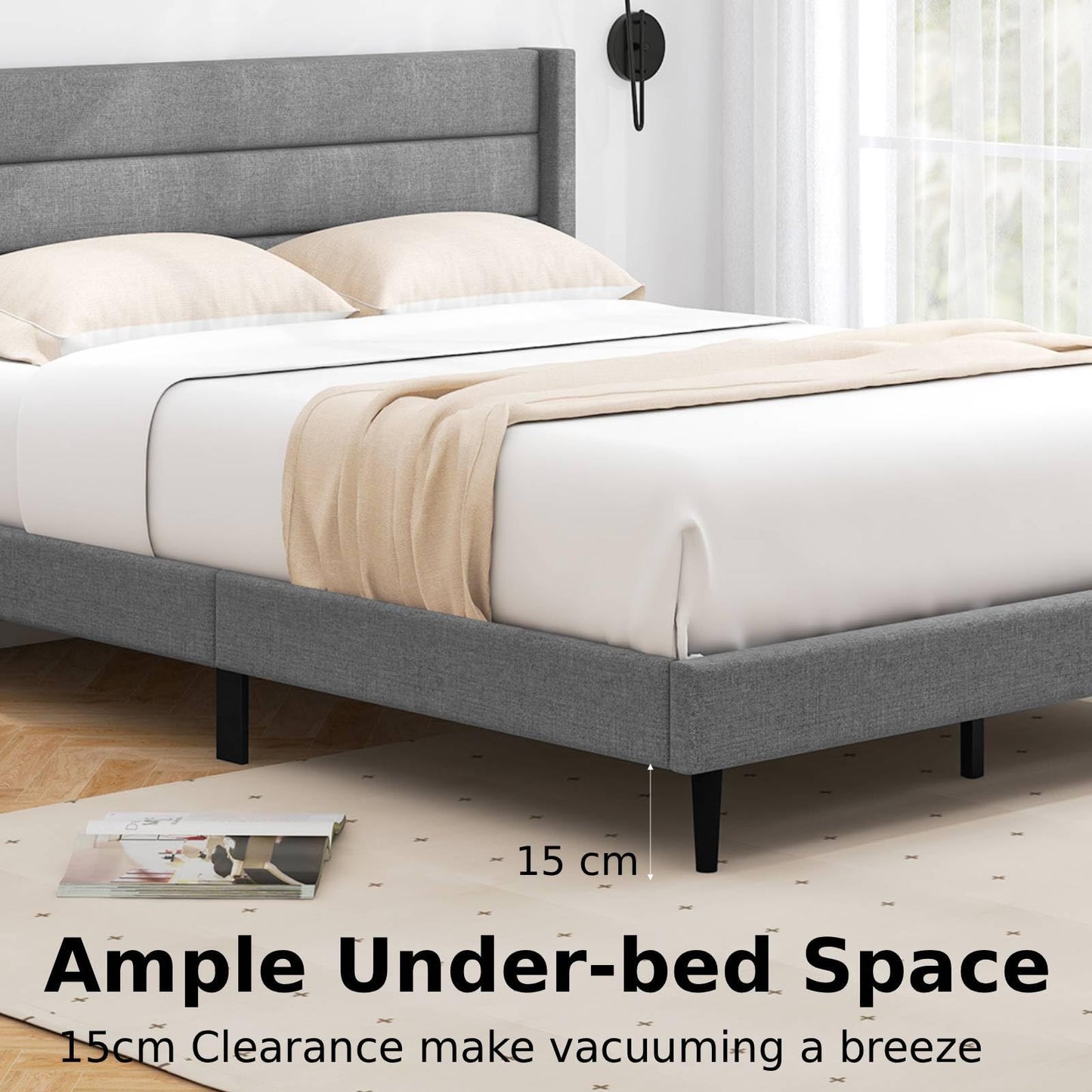 Single/Double Size Bed Frame with Wingback Headboard and Wooden Slats Support