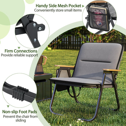 Set of 2 Folding Camping Chairs with Storage Pocket and Armrests