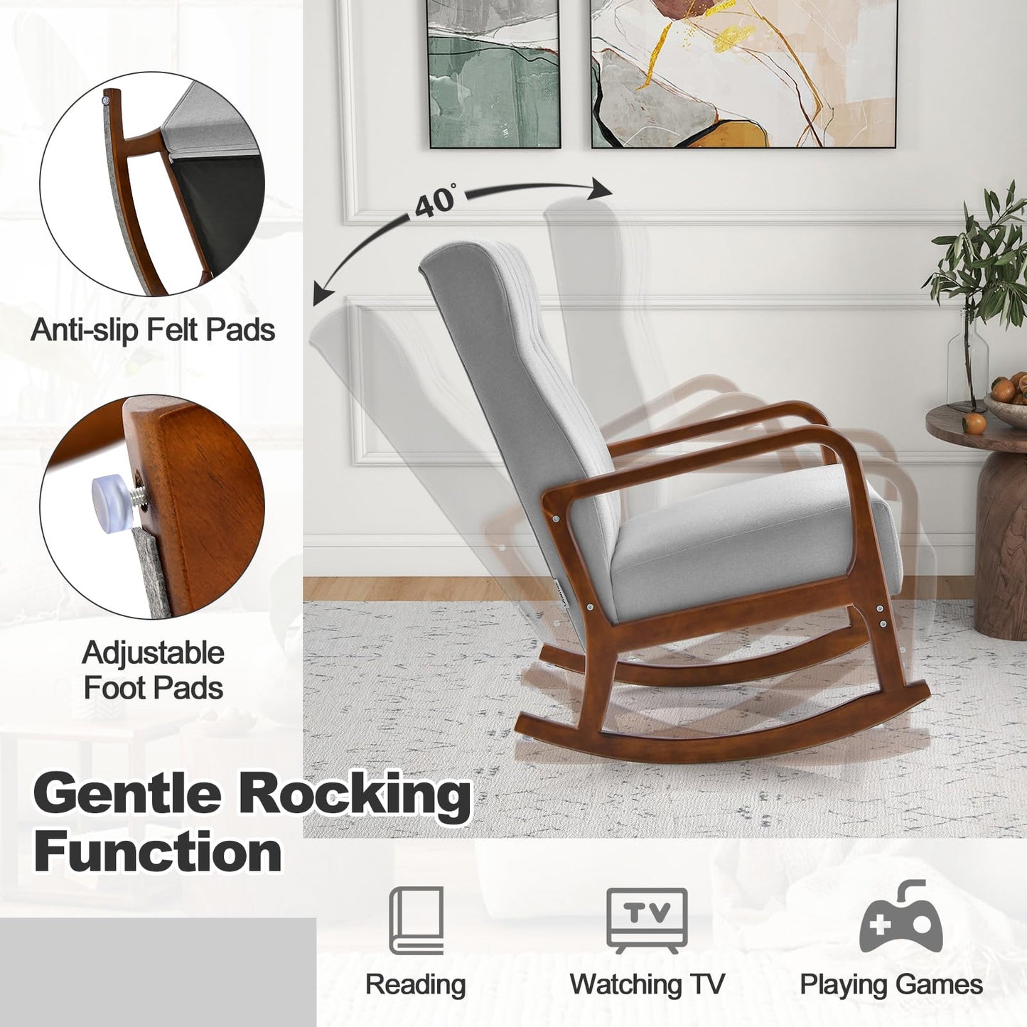 Upholstered Fabric Rocker with Solid Rubber Wood Frame and Padded Cushion