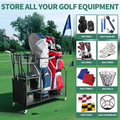 Double Golf Bag Storage Rack for Garage with Lockable Universal Wheels