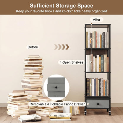 4-Tier Rotating Bookshelf, 360° Spinning Bookcase Tower with Wheels and Removable Fabric Storage Drawer