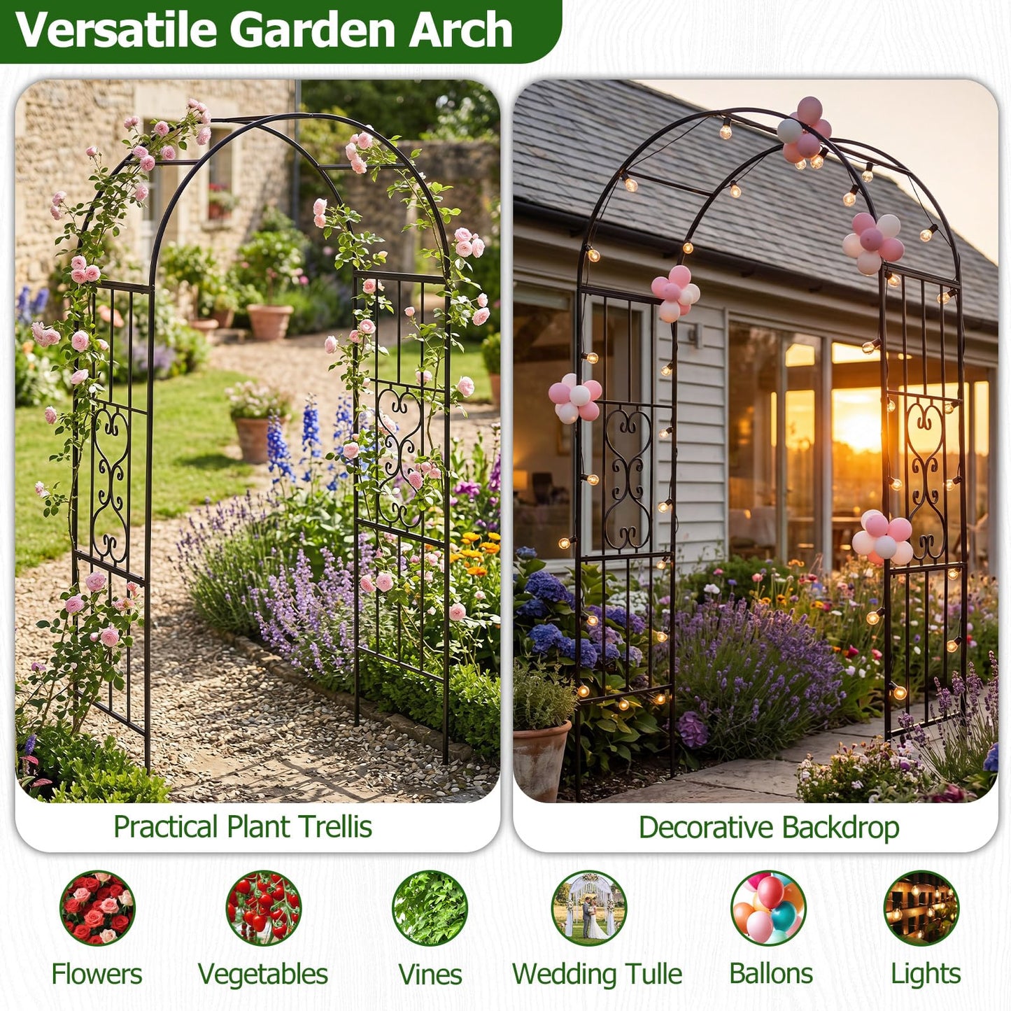 Garden Arch, Heavy Duty Metal Roses Vines Climbing Plants Support Archway