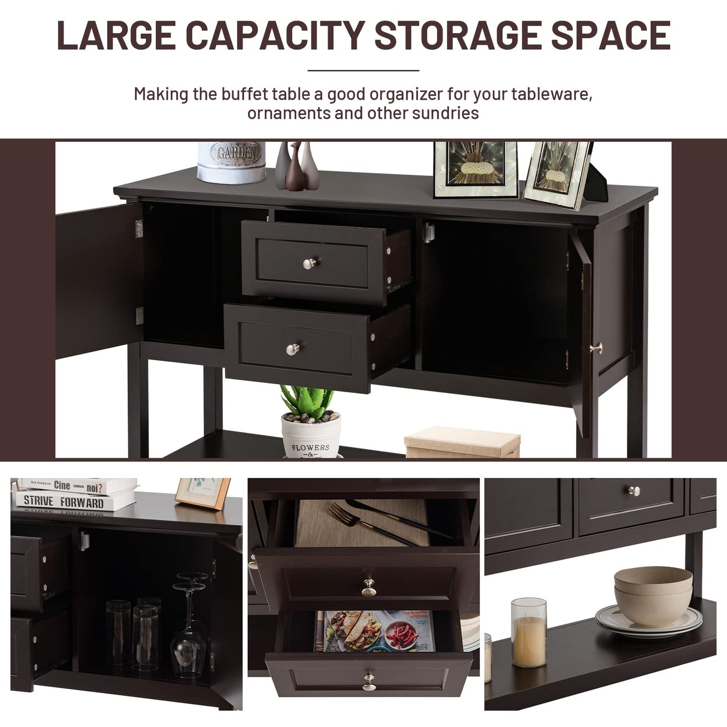 Wooden Buffet Table with Spacious Tabletop and Large Storage Rack
