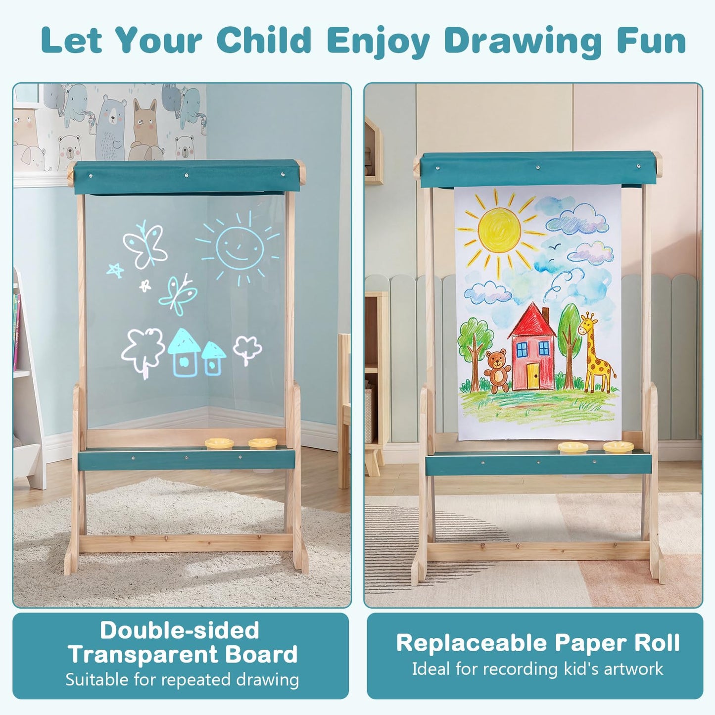 Kids Art Easel, Fir Wood Frame Children’s Double-Sided Easel