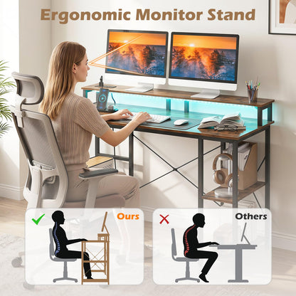 120 cm Computer Desk with Charging Station LED Lights and Storage Shelves