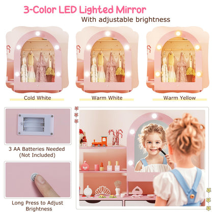 Kids Vanity Set Pretend Play Dressing Table Set with 3-Color Lighting Modes