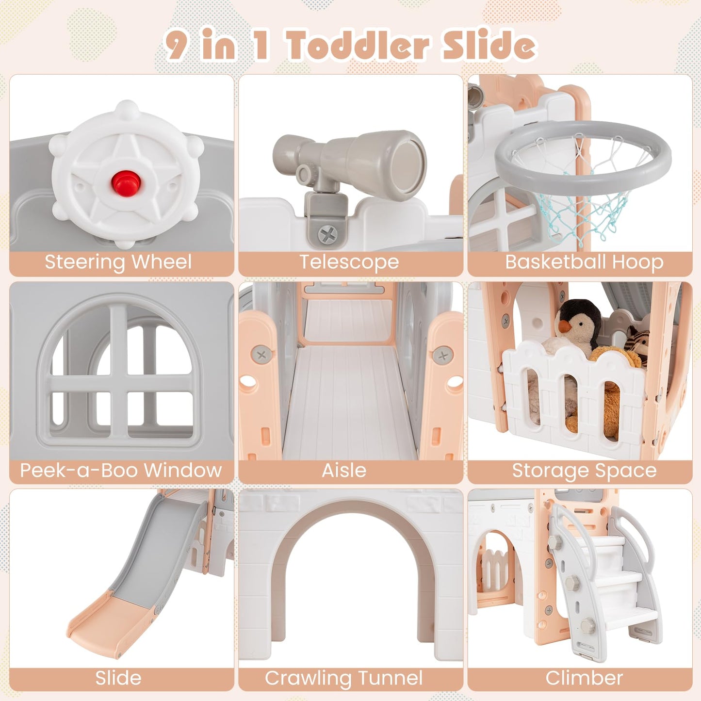 9 in 1 Toddler Slide L Shaped Kids Slide and Climber Playset with Basketball Hoop