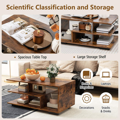 Coffee Table 3 Tier Rectangular Center with L Shaped Middle Shelf