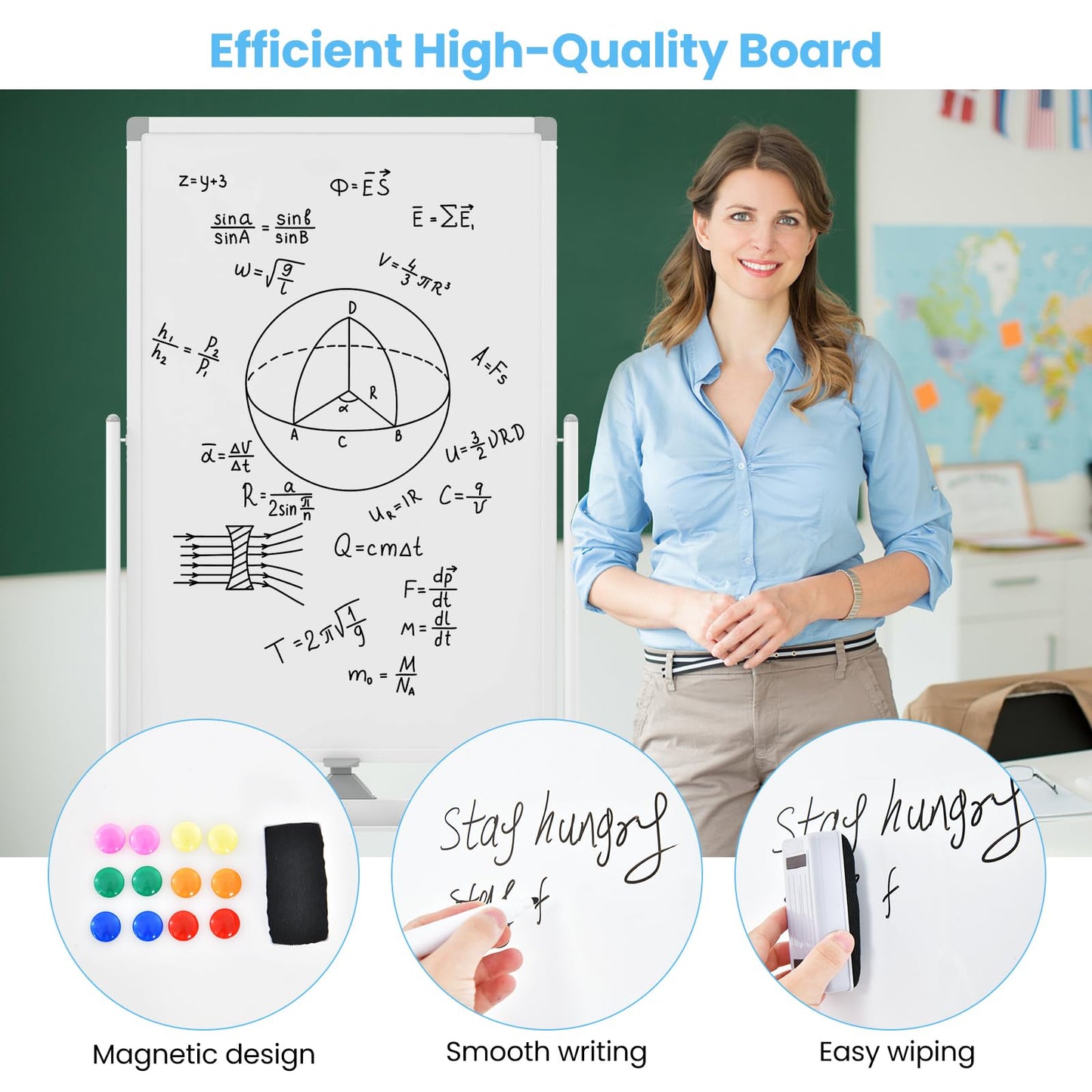 Double Sided Magnetic Whiteboard, Height Adjustable Mobile Dry Erase Board with Black Markers (90 x 60cm)