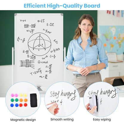 Double Sided Magnetic Whiteboard, Height Adjustable Mobile Dry Erase Board with Black Markers (90 x 60cm)