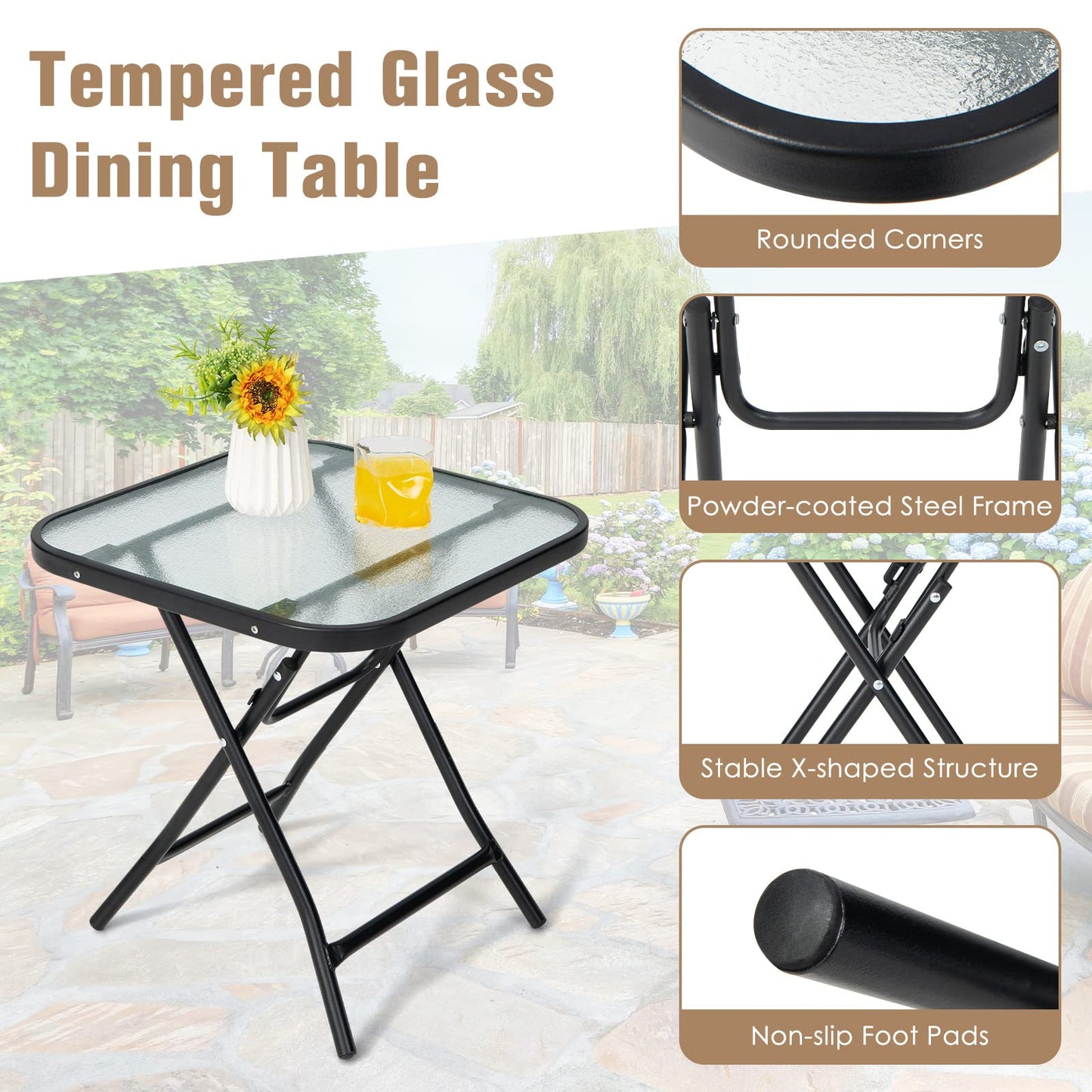 46cm Folding Garden Tempered Glass Top Square Side Table