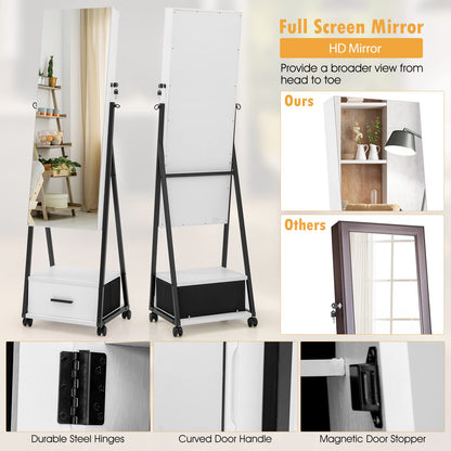 Mobile Standing Lockable Jewelry Cabinet with Full Length Mirror