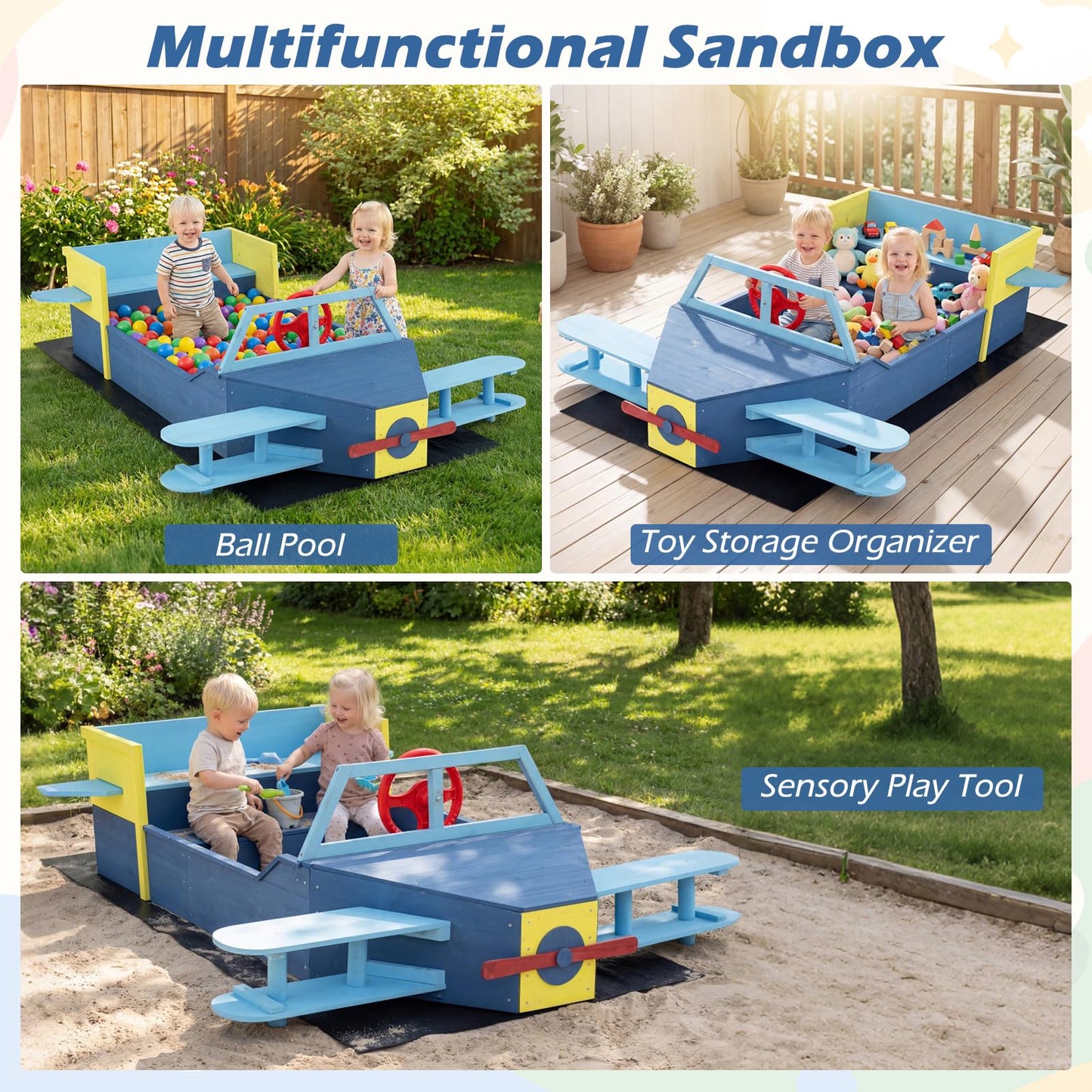 Wooden Kids Sandpit, Glider-Shape Sand Box with Bench Seat, Propeller, Rotatable Rudder