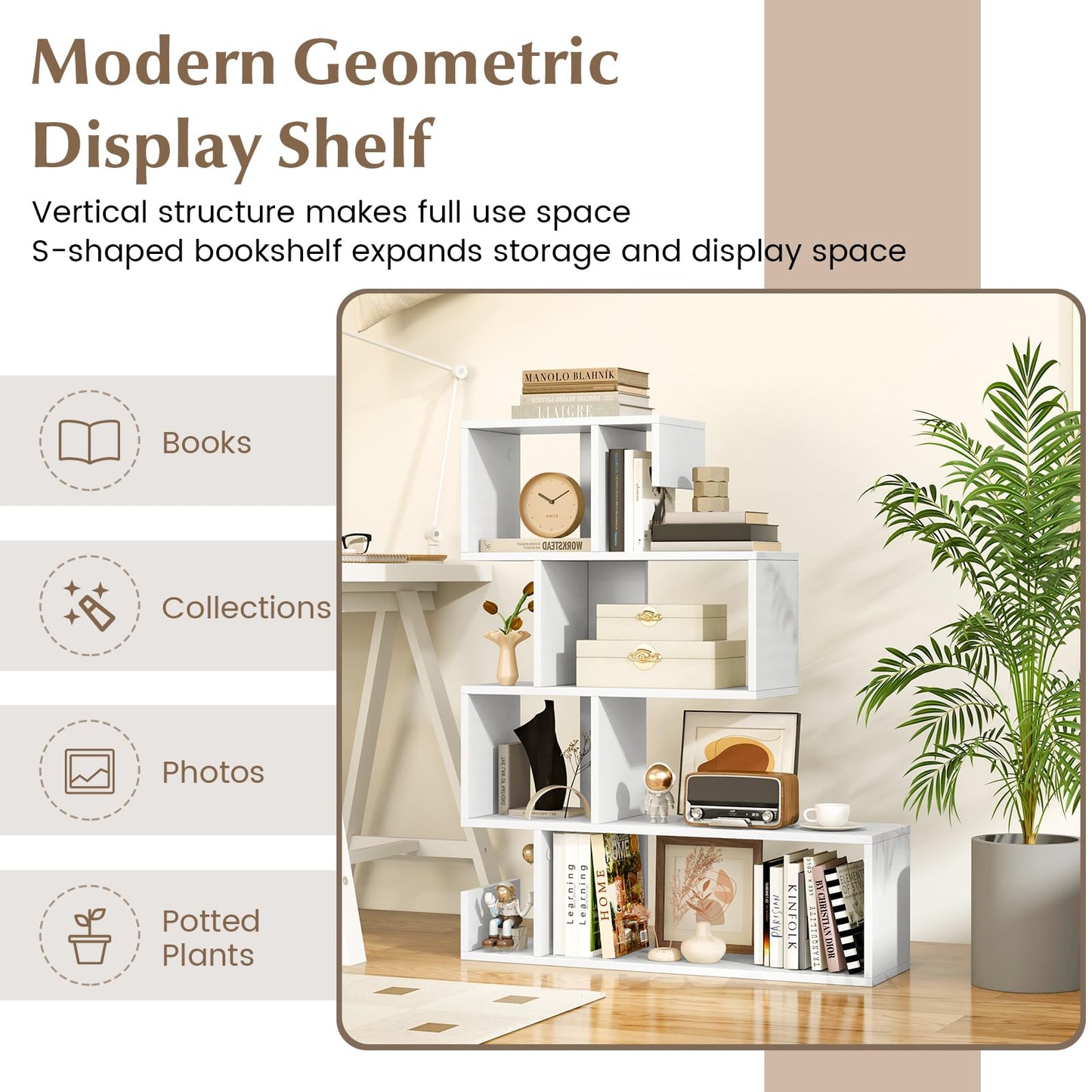 4 Tier Wooden Bookshelf for Living Room Bedroom Office