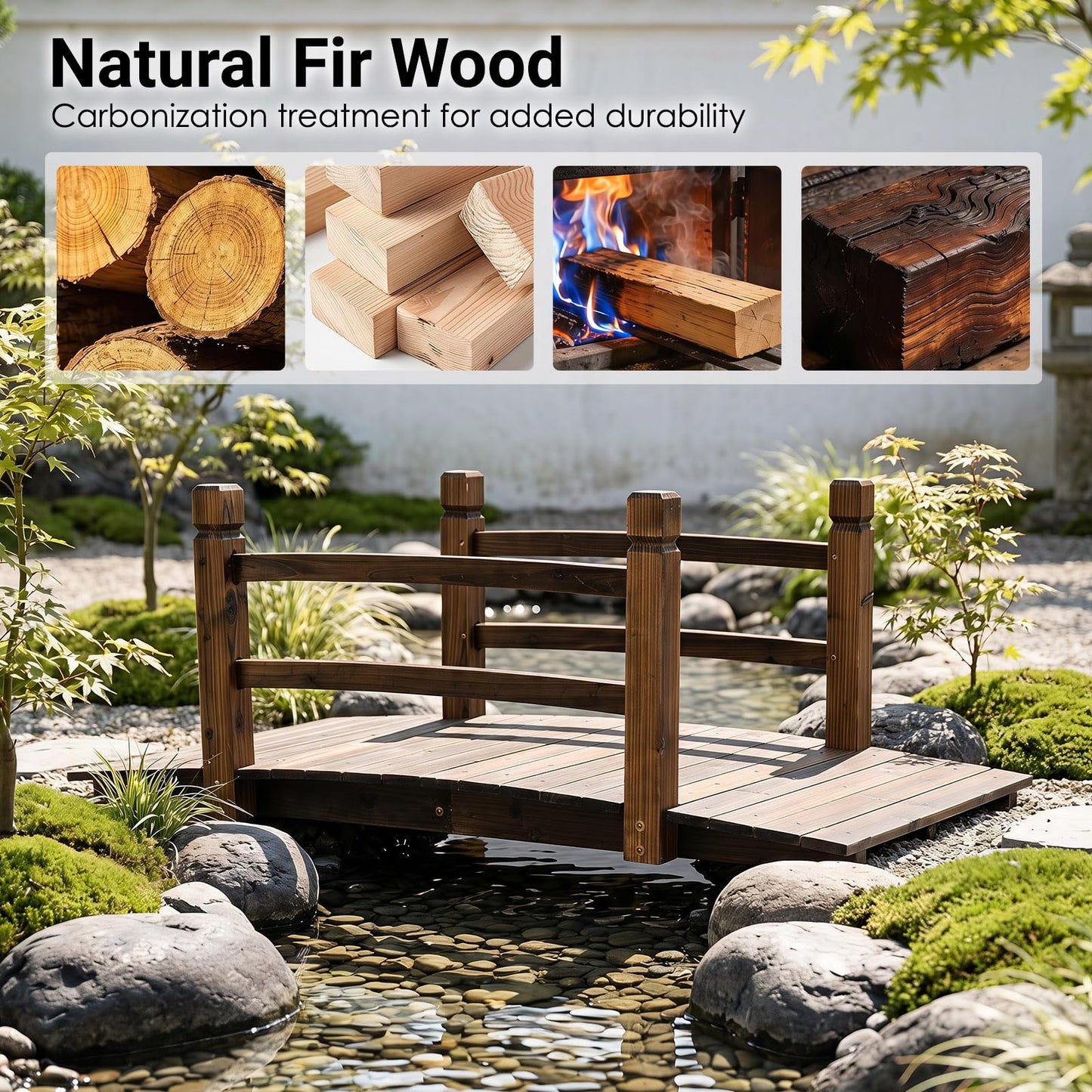 1.25M Wooden Garden Bridge, Decorative Pond Bridges with Safety Railings
