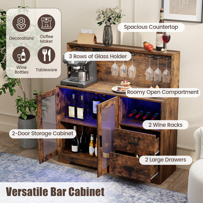 Wine Bar Cabinet with LED Lights & Charging Station