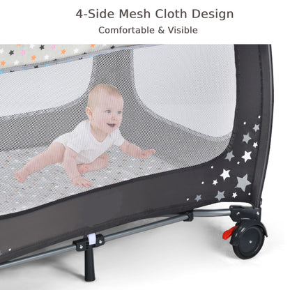 2-in-1 Foldable Baby Playpen with Lockable Wheels and Mattress