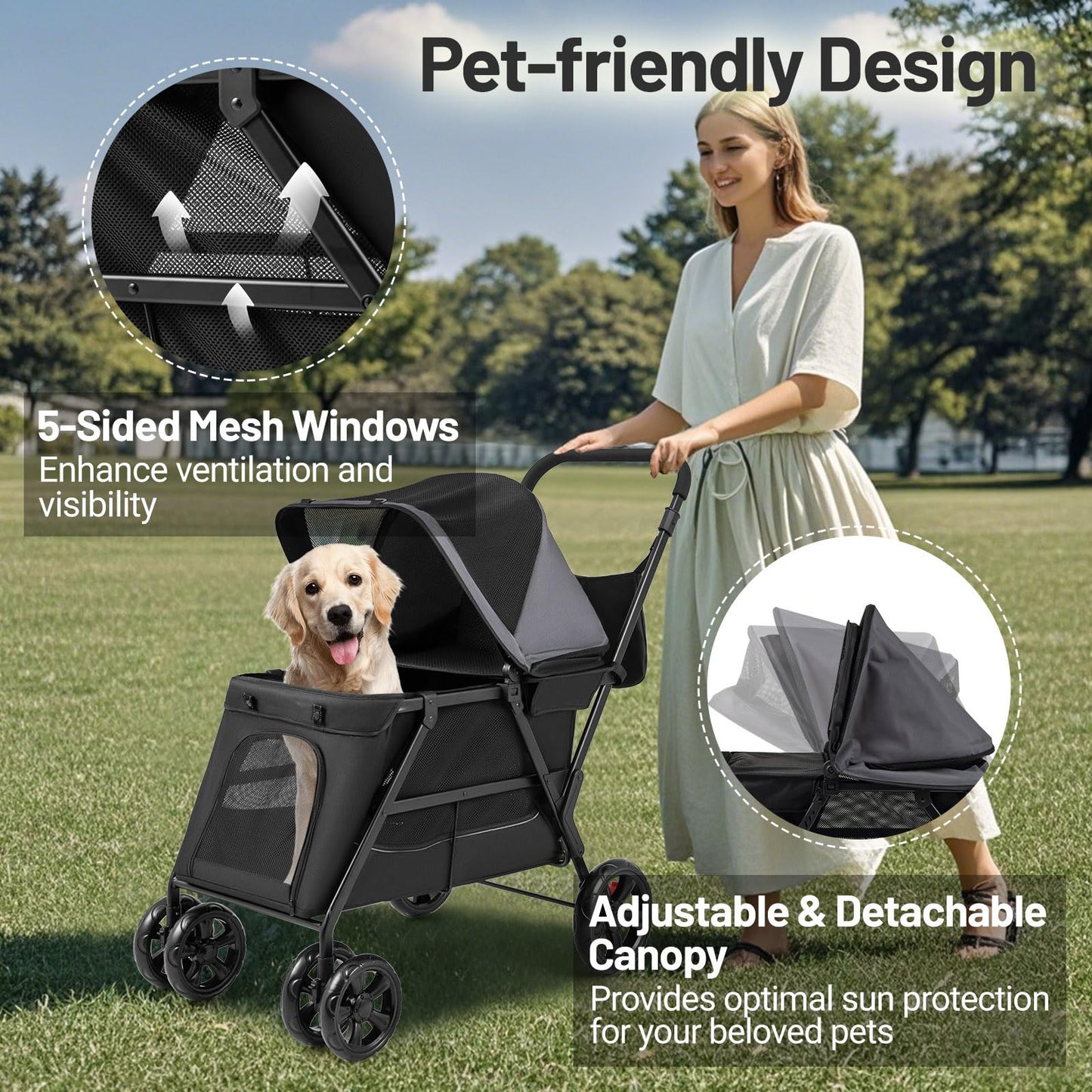 Foldable Dog Pushchair Cat Pram with Dual Entry for Dogs Cats