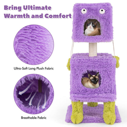 Cute Monster-Themed Cat Tower with 2 Private Condos and Soft Long Plush