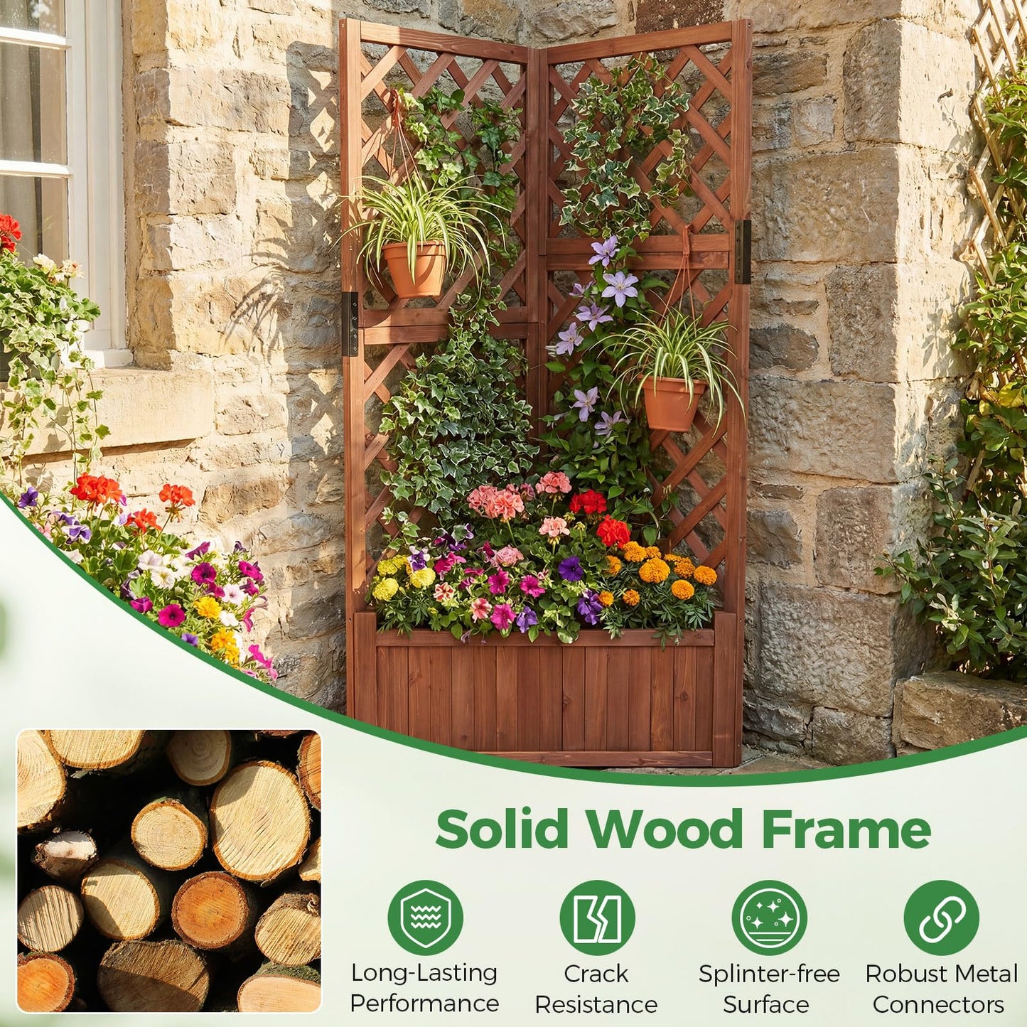 Wooden Planter with Trellis, Corner Raised Garden Bed with Drainage Holes