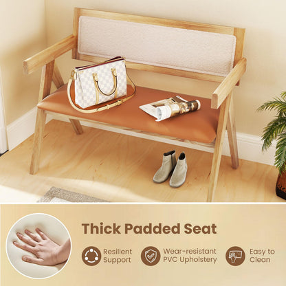 Rubber Wood Dining Bench with Armrest and Sherpa Upholstered Backrest