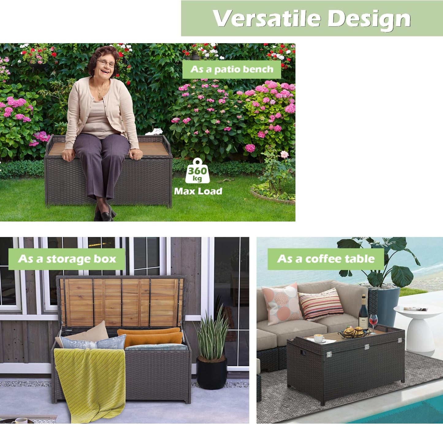 170L Waterproof PE Rattan Outdoor Storage Box with Acacia Wood Sit-on Lid