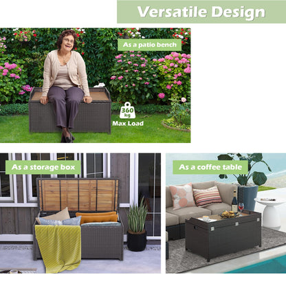 170L Waterproof PE Rattan Outdoor Storage Box with Acacia Wood Sit-on Lid