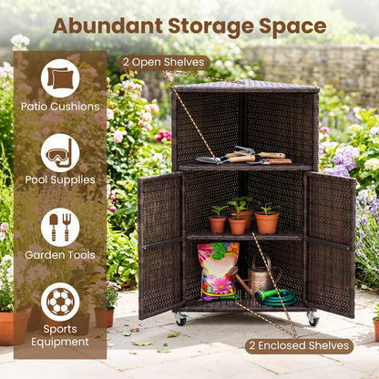Outdoor Storage Cabinet, PE Rattan Corner Bar Cart with Shelves