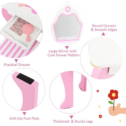 Kids Vanity Table and Stool Set with Mirror and Drawer