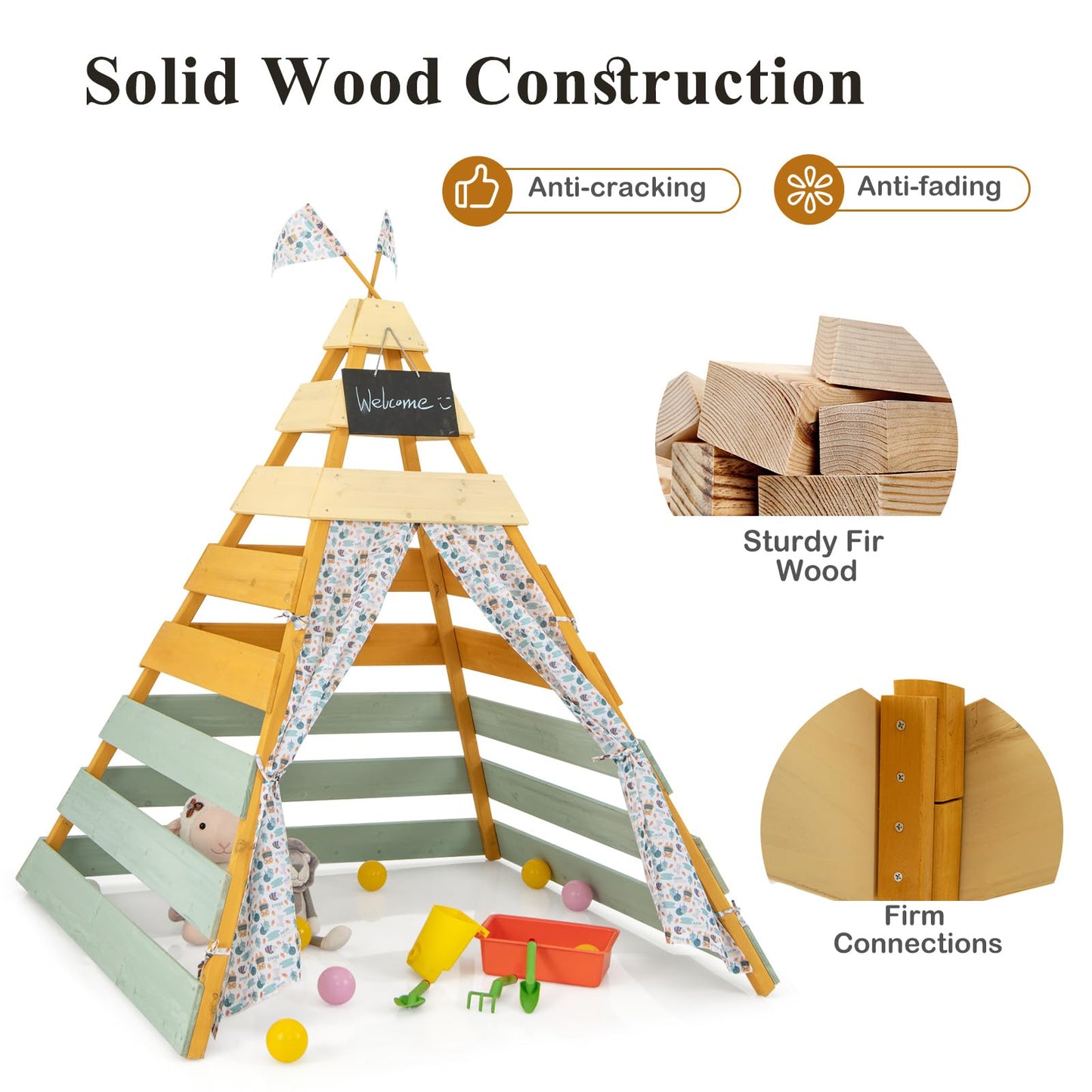 Wooden Play Tent Kids Teepee Tent with Door Curtains for Children 3-8 Years Old