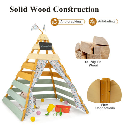 Wooden Play Tent Kids Teepee Tent with Door Curtains for Children 3-8 Years Old