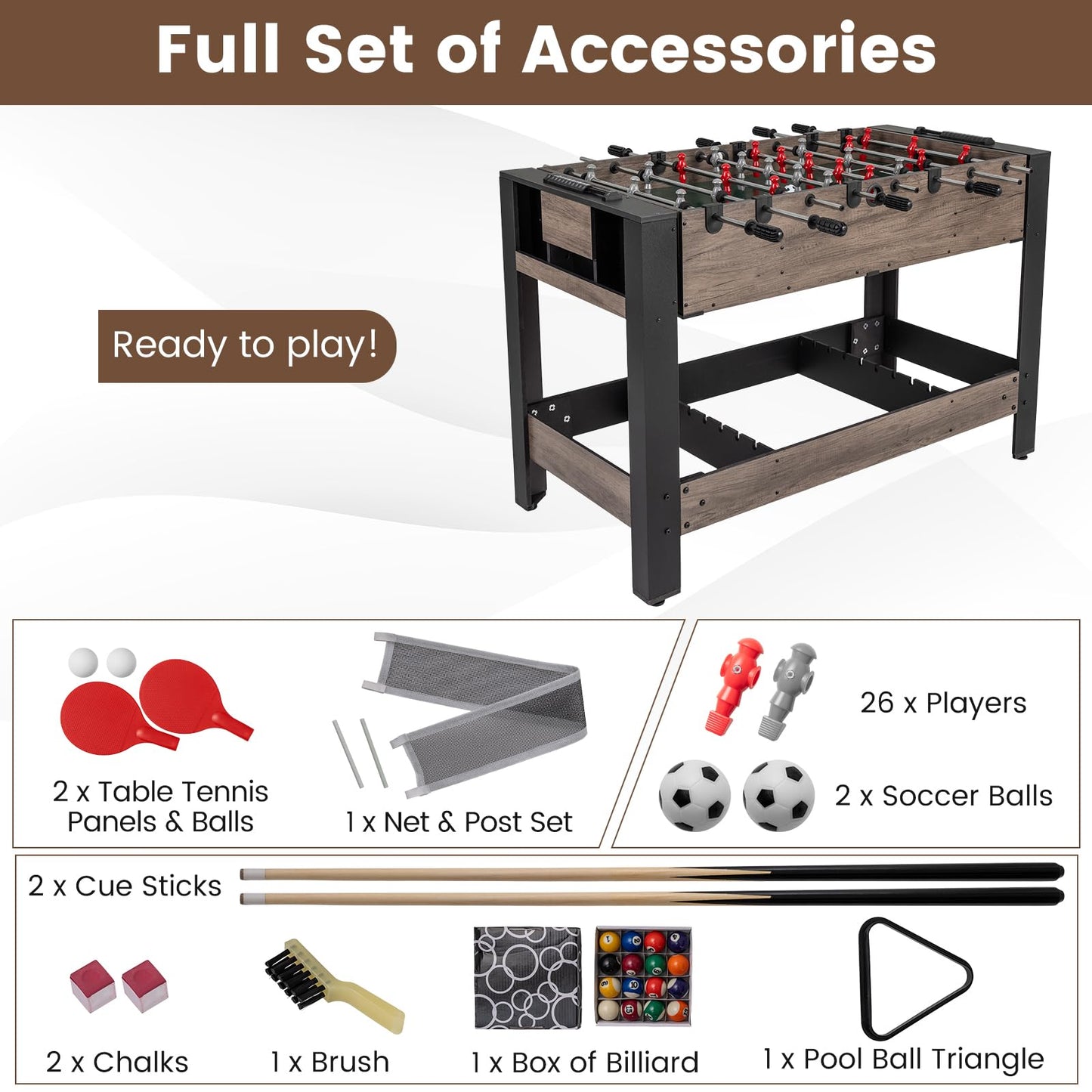 3-in-1 124CM Swivel Game Table with Foosball Pool Billiards Table Tennis