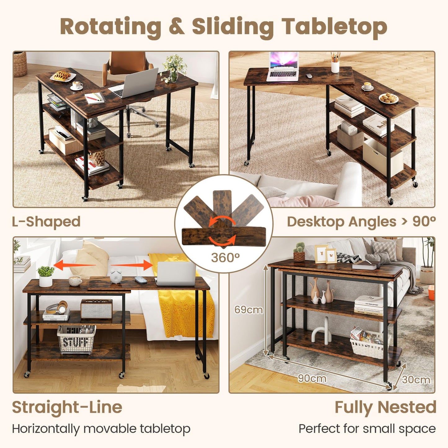 360° Free Rotating Sofa Side Table with Swivel and Sliding Tabletop