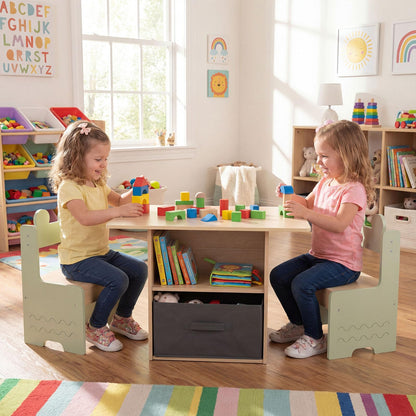 Kids Table and Chairs Set Wooden Toddler Activity Table Set with 2 Open Compartments