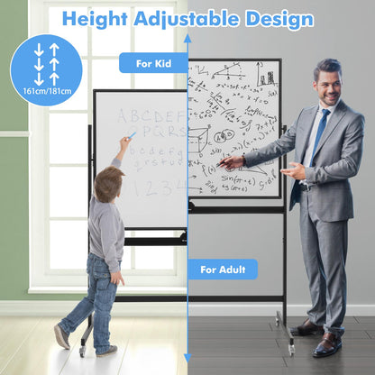 Height Adjustable Magnetic Double Sided Whiteboard with Wheels