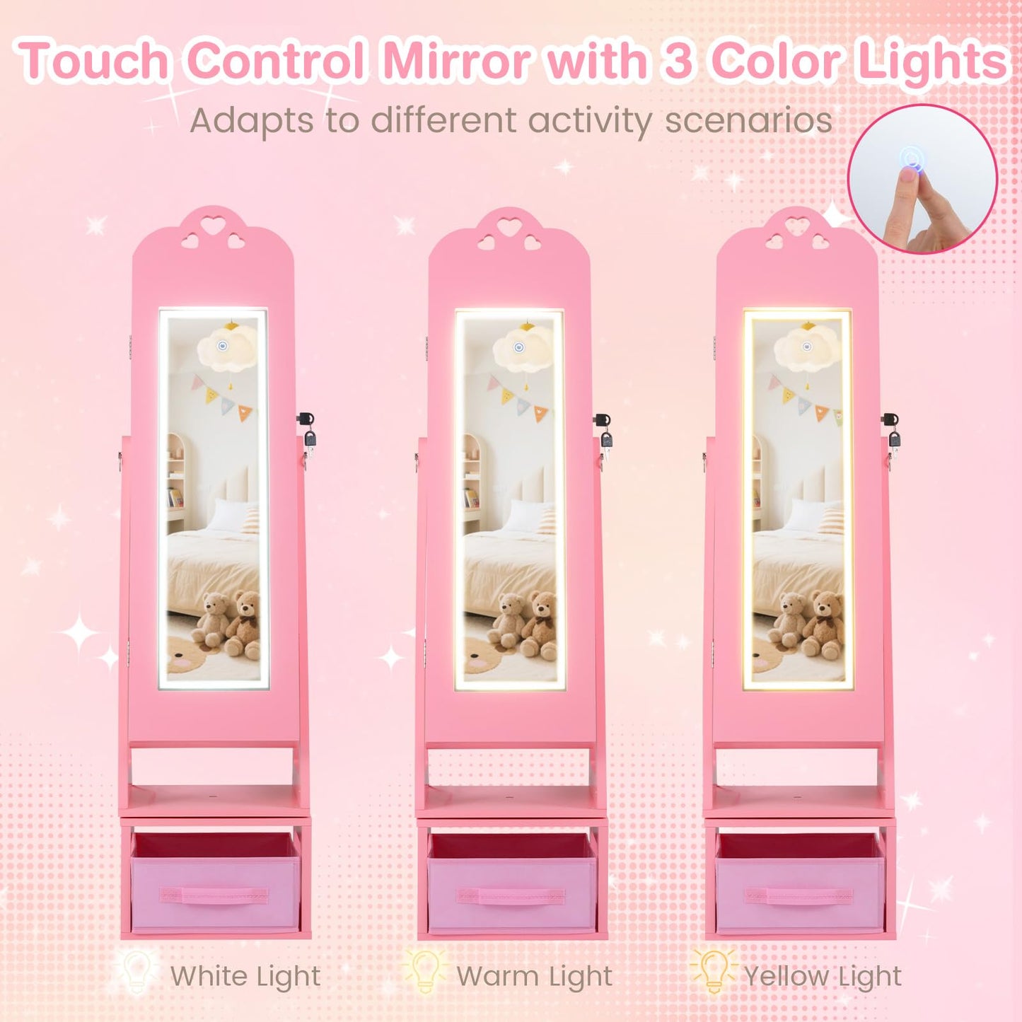 Swivel Kids Jewelry Cabinet with Full-Length Mirror and Lights