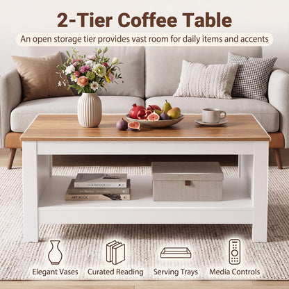 2-Tier Coffee Table with Open Storage Shelf, White+Natural