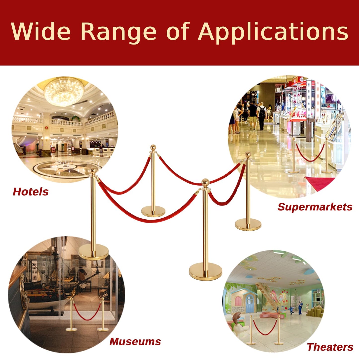 4 Pack Queue Barrier Posts, Stainless Steel Gold Round Top Security Stanchion Rope Divider