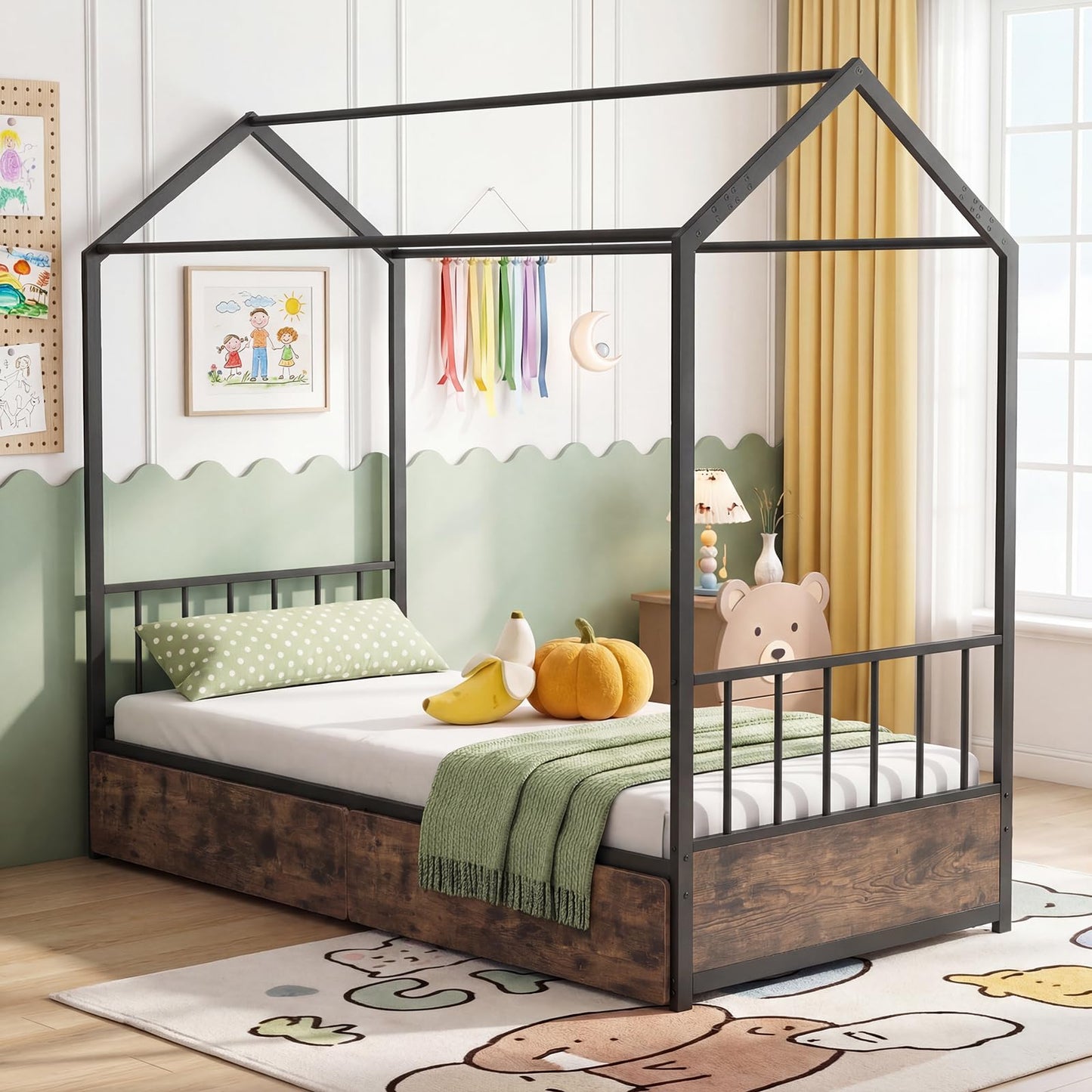 Kids Bed Frame, 3FT Single Size House Bed with Roof, 2 Drawers, Headboard & Footboard