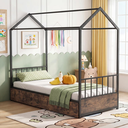 Kids Bed Frame, 3FT Single Size House Bed with Roof, 2 Drawers, Headboard & Footboard