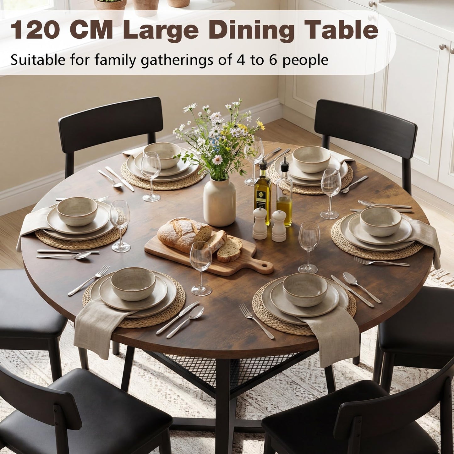 Round Dining Table for 4-6 120 CM Dining Room Table with Storage Shelf and Metal Legs