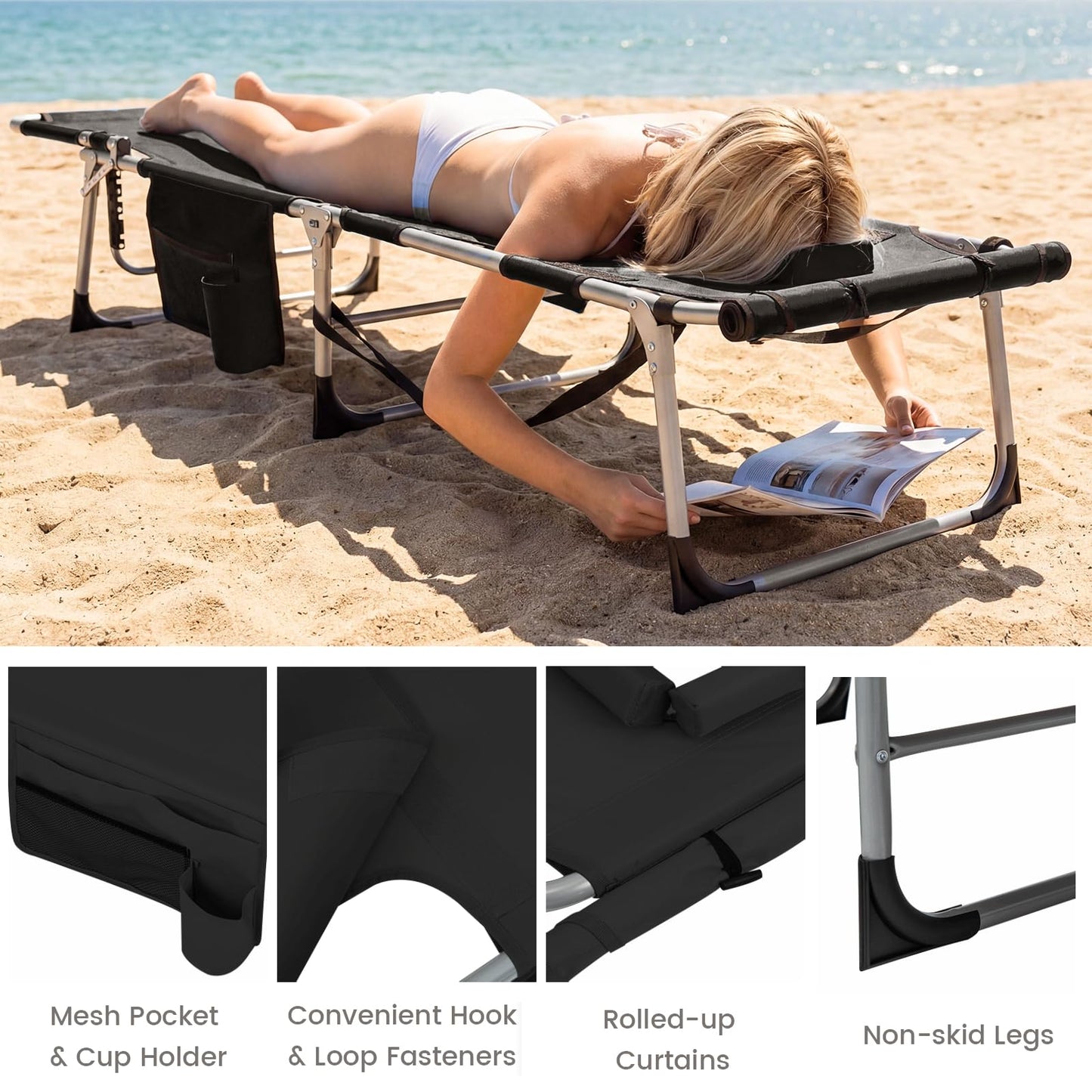 Folding Sun Lounger, 5-Position Adjustable Garden Sunbed with Face Hole