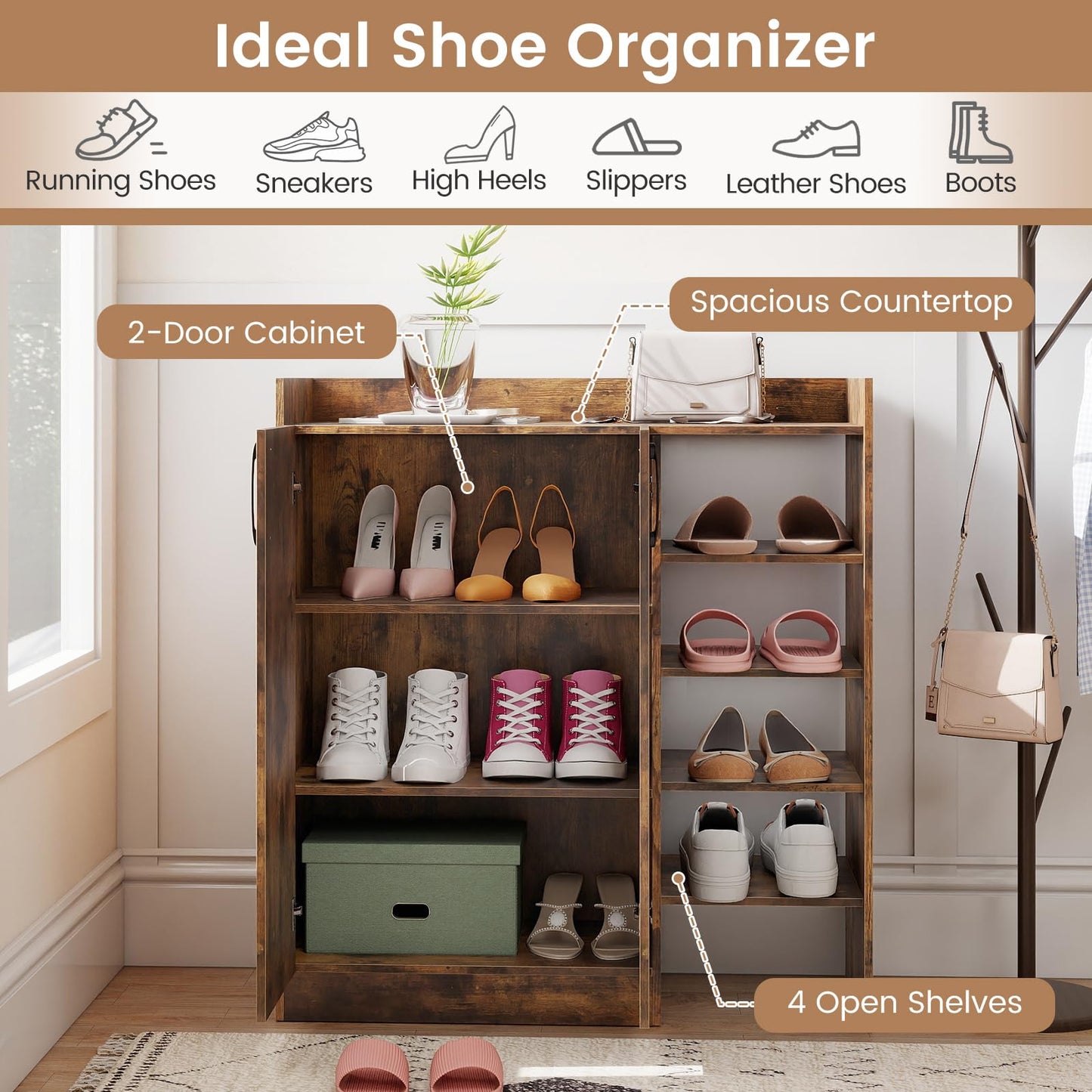 Shoe Storage Organizer with 2 Adjustable Inner Shelves and 4 Open Shelves